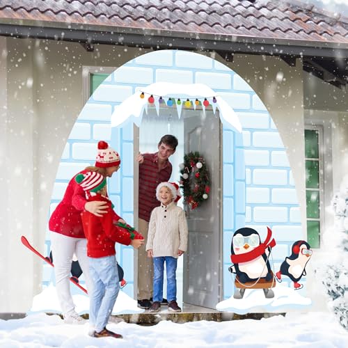 Winter Party Porch Banner Penguin Photo Booth Props for Parties Igloo Hanging Door Banner Backdrop with Winter Photograph ...