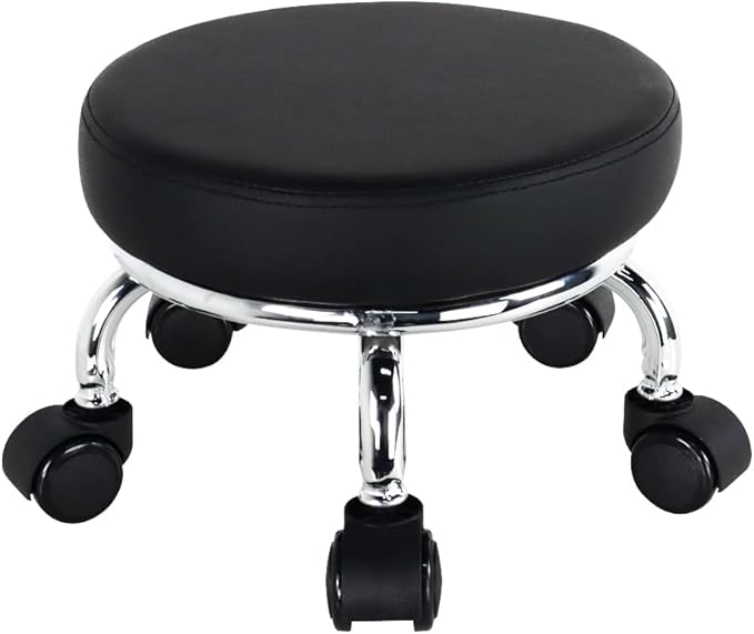 WKWKER Modern Roller Seat PU Leather Low Round Rolling Stool 360° Swivel Small Seat with Universal Wheels Foot Stool for Home Office Garage Shop Fitness Sport H：8.6" （Black）