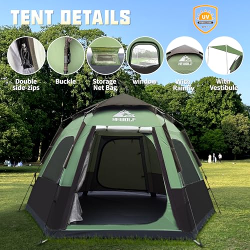 Hewolf 2/3/4 Person Camping Tent - Instant Pop Up Waterproof 2 Doors Tent with Easy Setup | 3-Season Hexagonal Dome Design...
