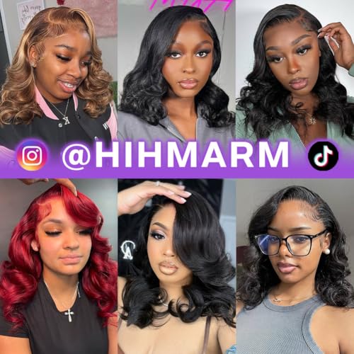 Hihmarm Body Wave Bob Wig Human Hair 13x4 Hd Lace Frontal Wigs Human Hair Pre Plucked Loose Wave Bob Lace Front Wigs For Black Women 180% Density Glueless Wig Natural Black 16 Inch