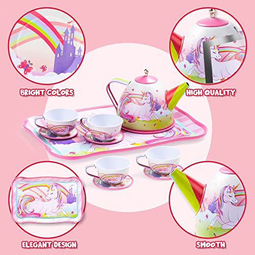 JOYIN Unicorn Tea Party Set for Little Girls, Pretend Pink Tin Teapot Set, Princess Tea Time Play Kitchen Toy with Teapot,...