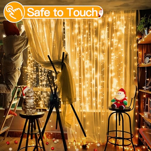 Ollny Christmas Curtain Lights 300 LED 9.8 FTx9.8 FT, Outdoor Waterproof Curtain String Lights with Remote Timer 8 Modes, ...