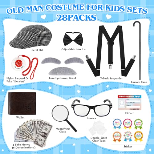 FUSPWEAO Kids 100 Days of School Costume for Boys - 1920s Old Man Grandpa Costume Set with Beret, Cane, Mustache & Wallet ...