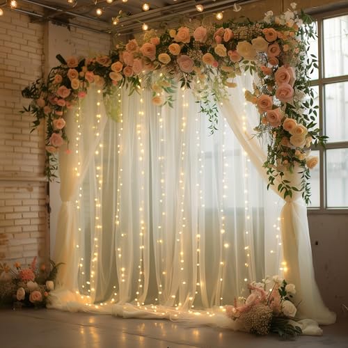Xiomot Tulle Backdrop Curtain with Lights String 10FT X 8FT Champagne Sheer Tulle Backdrop Curtains for Wedding Birthday P...