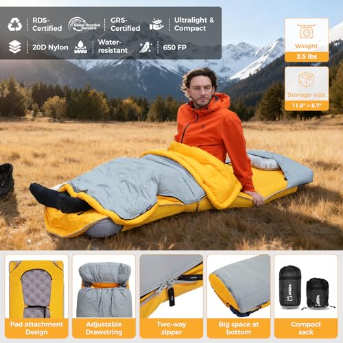 ATEPA Down Sleeping Bag for Adults, Recycled Ultralight 35°F 40°F 45°F 50°F 650FP / 700FP 3 Season Compact Sleeping Bags w...