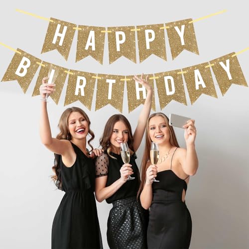 Pre-Strung Gold Happy Birthday Banner Decorations,12 ft No DIY Gold Glitter Birthday Party Banner Sign Decor for Women Men...