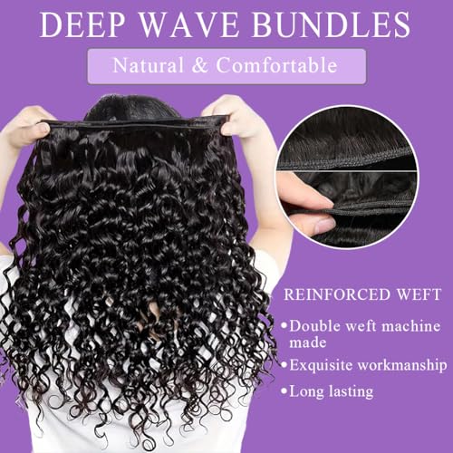 Deep Wave Human Hair Bundles 12A Brazilian Virgin Human Hair Bundles 18 20 22 Inch Wet and Wavy Curly Bundles Human Hair Extensions for Black Women Natural Black Color