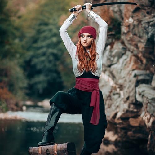 Pirate Accessories Women Men Pireate Hat Head Scarf Sash and Pirate Eye Patch Necklace 4 Piece Pirate Costume Cosplay Waist Belt Bandana Headband Red