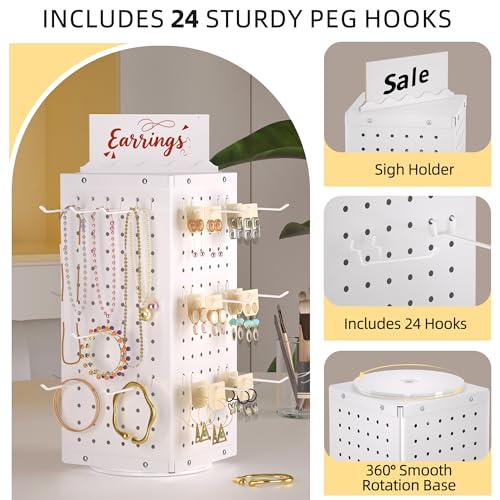 Urban Deco 360° Rotating Pegboard Display Stand with Signage, 4-Sided Spinning Peg Board Stand with 24 Hooks for Jewelry, ...