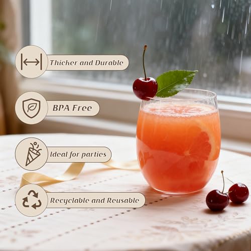 24 Pack 12oz Plastic Stemless Wine Glasses, Disposable Clear Wine Cups - Shatterproof, Unbreakable & BPA-Free, Recyclable ...