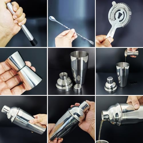 Cocktail Shaker Bartender Kit: 5 Piece Stainless Steel Bar Set, Cocktail Shaker Set with Stand, Drink Mixing Kit Includes ...