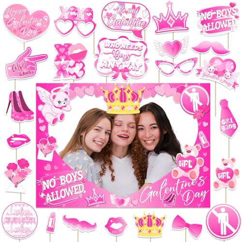 Happy Galentines Day Photo Booth Props Kit, Galentines Day Photo Prop Frame&24 PCS Selfie Photo Booth Accessories with “Ha...