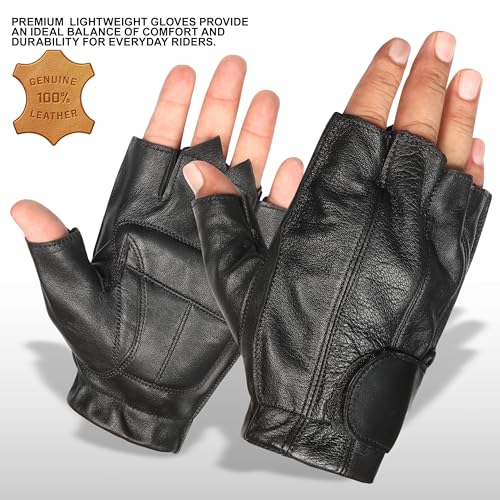 MC Gear Premium Leather Motorcycle Gloves for Men Fingerless Biker Gloves with Gel Palm and Wrist Strap