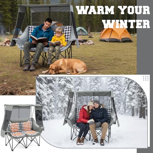 Heated Double Camping Chair with Canopy, Padded Loveseat 660lbs Folding Portable Chair with Pocket for Adult Outdoor Lawn,...