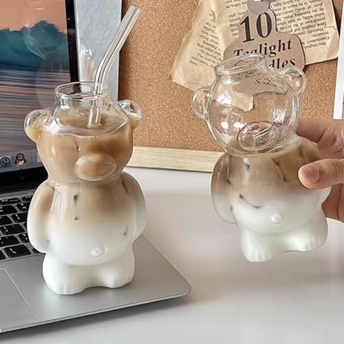 Bearista Glass Straw Cup Cute Bear with 2025 New Teddy Lid Kawaii Bears Shaped Cups for Coffee Smoothie Beer Cocktail Safe...