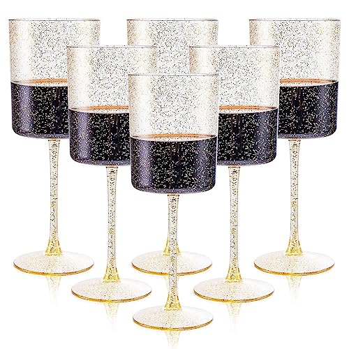 Ciaell 6 Pack Gold Plastic Wine Glasses - 10 Oz Disposable Glasse with Stem - Disposable Wine Glasses Perfect for Parties...