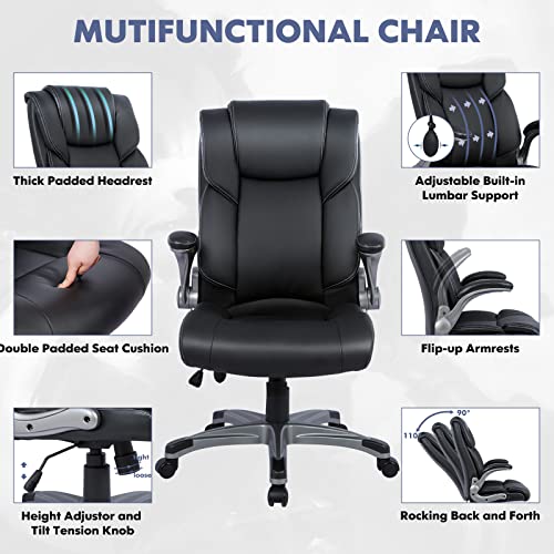 COLAMY High Back Executive Office Chair- Ergonomic Home Computer Desk Leather Chair with Padded Flip-up Arms, Adjustable T...