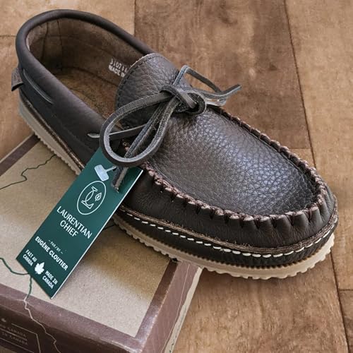 Laurentian Chief Moccasin Slippers for Men with Single Lacing, 8 Hole Collar and Padded Indian Rubber Sole, Canada Qualit...