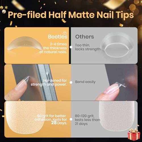 Beetles Gel Nail Extension Kit Almond Shape, Easy 9 in 1 Glue Uv Led Set Etch X Nail Tips Short Almond Half Matte Tips, Gi...