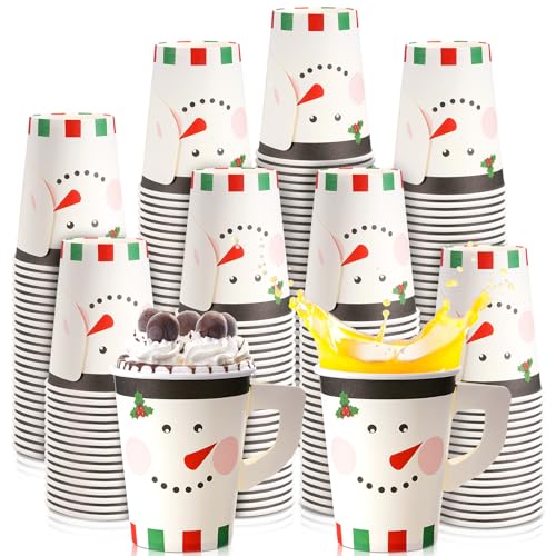 Maxcheck 100 Pieces Christmas Paper Cups with Handle 9 oz Holiday Disposable Cups Drinking Hot Chocolate Coffee Cup for Xm...