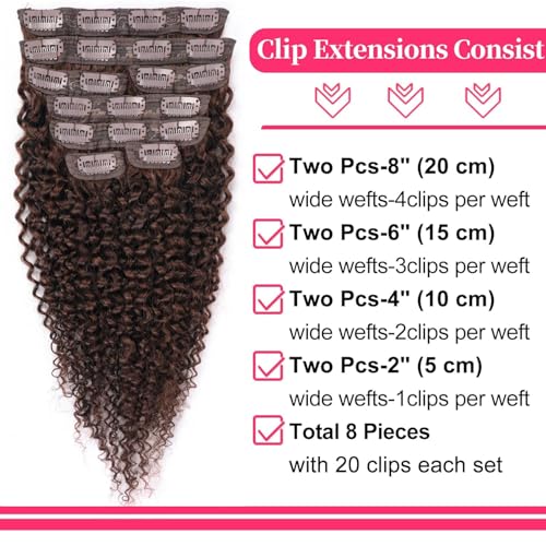 24 Inch Chocolate Brown Kinky Curly Clip ins Human Hair 110g 8pcs 20 Clips 3C 4A Curly Clip In Hair Extensions Real Human Hair Brazilian Virgin Hair Full Head for Women 4# Color