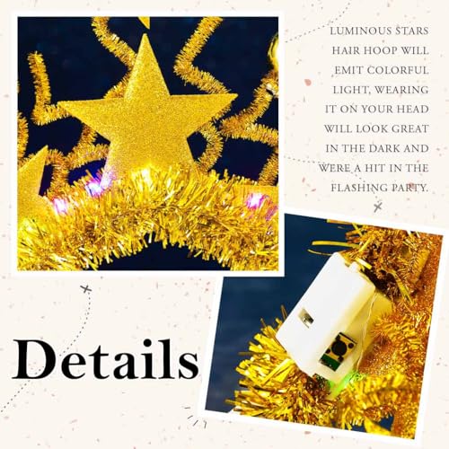 JONKY Light Up Gold Star Headband Disco Ball Hair Band Rave Costume Party Hair Accessories for Women