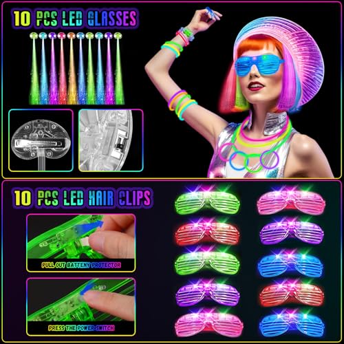 OLUPP Glow in the Dark Party Supplies, 264 PCS Light Up Party Favors with LED Glasses,Glow Sticks,Finger Lights,LED Hair C...