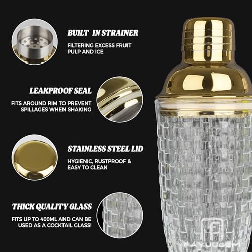 FayuuGem Gold Cocktail Shaker Set - 13oz Glass Mixing Kit with Secure Seal Lid & 4 Bar Tools, Home Bartender Essentials fo...