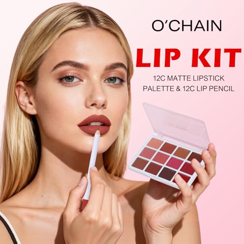 O'CHAIN 12 Matte Lipstick Palette and 12 Lip Liners, All-in-One Professional Lip Makeup Kit, Long-Lasting Waterproof Lipst...