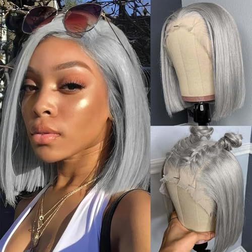 14 Inch Grey Bob Wig Human Hair Pre Plucked Long Straight 13x4 Hd Transparent Lace Frontal Bob Wigs for Black Women 180% Density Silver Grey Glueless Blunt Cut Bob Wig with Baby Hair 180% Density
