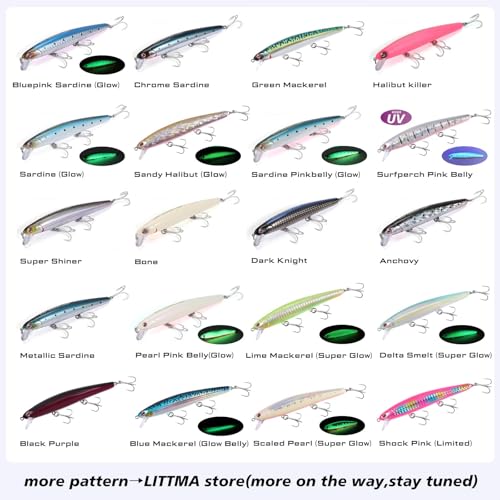 LITTMA California Surf Fishing Lures Saltwater Jerkbait Crankbait Surf Minnow 110 - Metallic Sardine Super Glow & Pearl Pi...