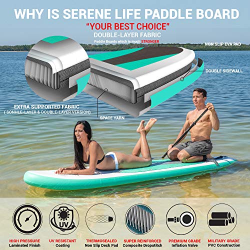SereneLife Inflatable Stand Up Paddle Board - Wide Stable Design, Non-Slip Deck for Adults & Youth with Premium Paddle Boa...