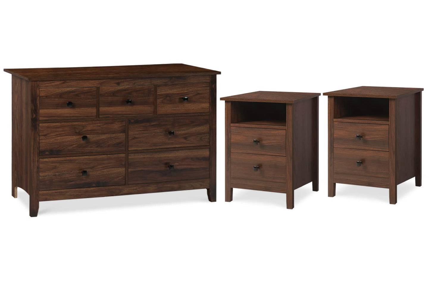 Vikiullf Dresser and Nightstand Set - 3 Pieces Bedroom Set with 7 Drawer Dresser and 2 Drawer Nightstands, Wooden Dresser and Nightstands for Bedroom, Brwon Wood Grain