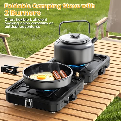 Camp Stove Propane, 2 Burner Folding Propane Camping Stove with Carrying Bag, Adjustable High Heat Burners & Piezo Push-Bu...