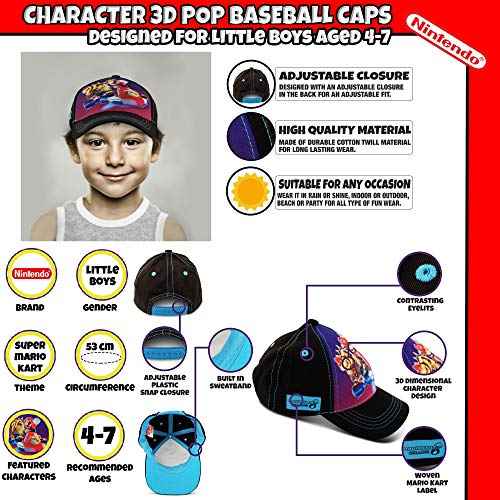 Nintendo Toddler Boys Mario Kart Character 3D Pop Baseball Cap, Black, Age 2-4