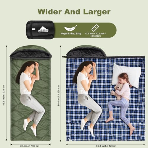 AGEMORE Cotton Flannel Sleeping Bag with Fleece Lined Hood, Waterproof XL Sleeping Bag for Adults, for Cold Weather Campin...