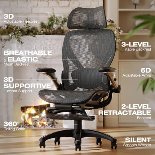 ELABEST X100 Ergonomic Mesh Office Chair with Footrest, Big and Tall Hone Desk Chair with 5D Flip-Up Arms, Adjustable 3D L...