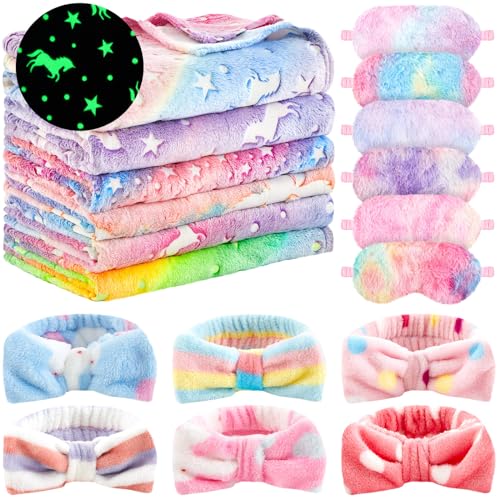 Fanfanwin 18 Pcs Sleepover Party Supplies, 6 Glow in The Dark Unicorn Blanket 6 Coral Fleece Headband 6 Plush Eye Mask Cov...