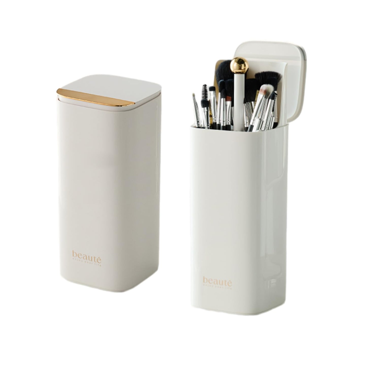 Makeup Brush Holder with Lid, Automatic Lifting Waterproof Dustproof Makeup Brushes Organizer for Vanity Desktop Bathroom Counte