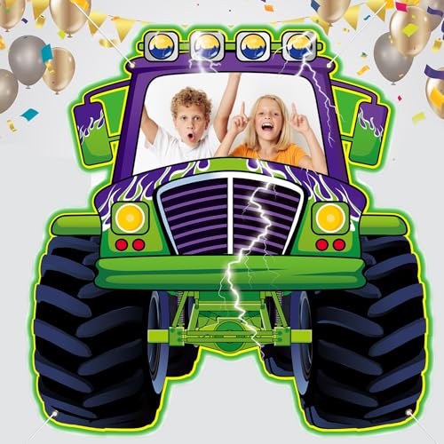 Monster Truck Photo Booth Props for Green and Purple Truck Party Supplies Large Monster Photo Background Games Polyester F...