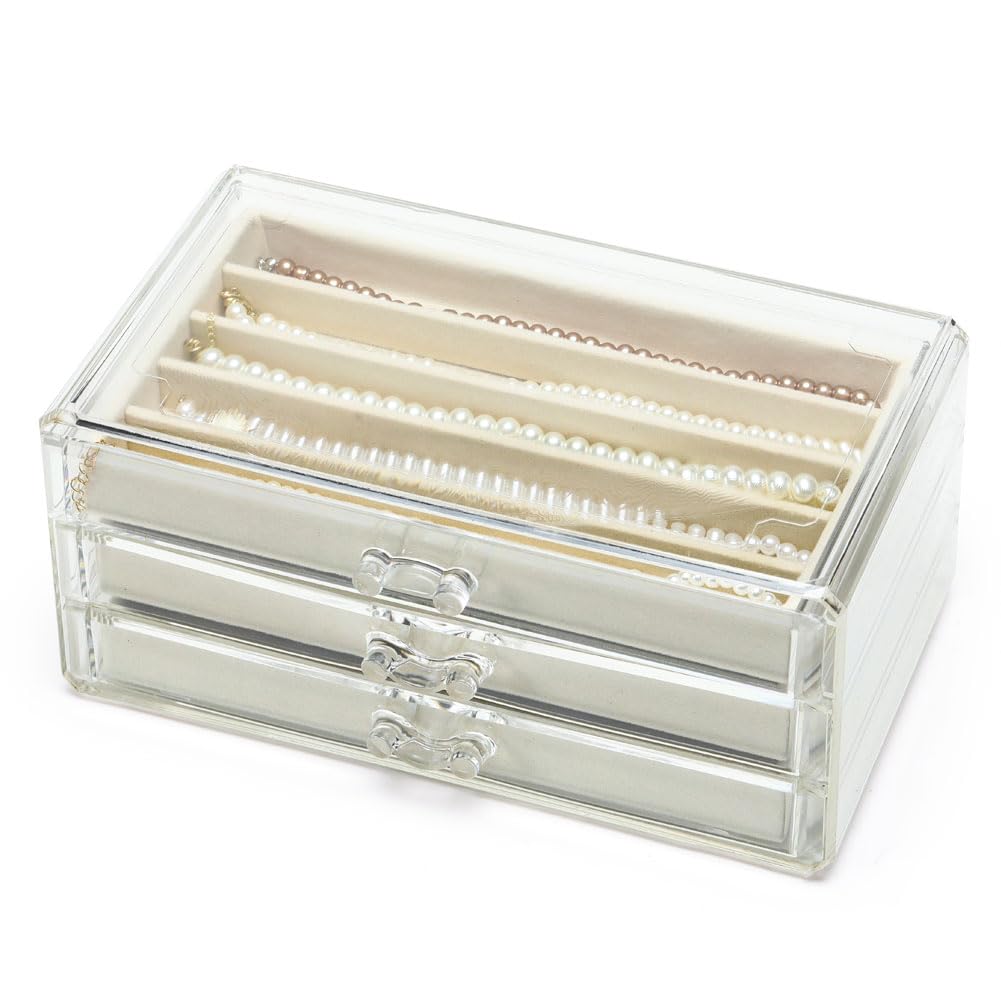 CLUQMEIK Necklace Organizer Box with Clear Lid, Dustproof Velvet Jewelry Holder Storage Display Case, Stackable Acrylic Necklace Tray Drawer Insert for Women and Girls (Beige,3 Drawers)