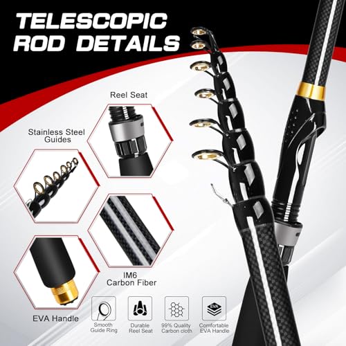 Kalynsung 6.89ft Fishing Rod and Reel Combo, 2PCS Telescopic Carbon Fiber Fishing Rod, Spinning Reels *2, Fishing Line *2,...
