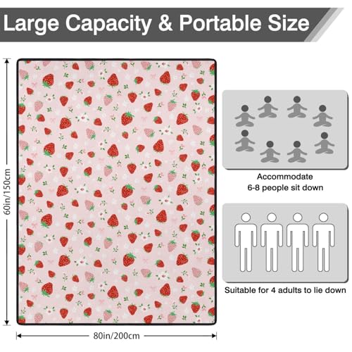 qwpmvhsak Strawberry Bow Picnic Blankets Waterproof Foldable, 60’‘x80'' Portable Outdoor Picnic Mat Water Resistant for Gr...