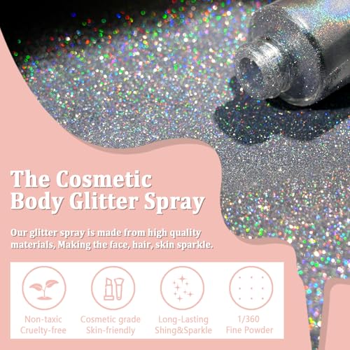 Boko Body Glitter Spray, Holographic Silver Glitter Spray for Body Face Hair Nail Clothes, Hair Glitter Body Shimmer Powde...