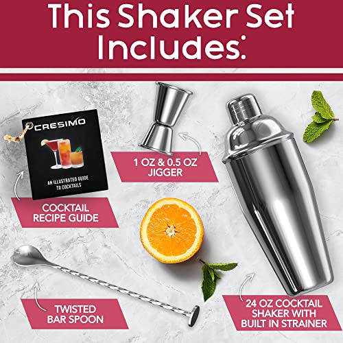 Cresimo 24oz Cocktail Shaker Set with Bar Accessories for Home Bar - Martini Shaker with Jigger and Drink Mixer Spoon - Al...