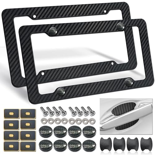 Carbon Fiber License Plate Frames- Black Carbon Pattern Plastic Front & Rear Car Tag Holder Cover 2 Pack with Mount Hardwa...