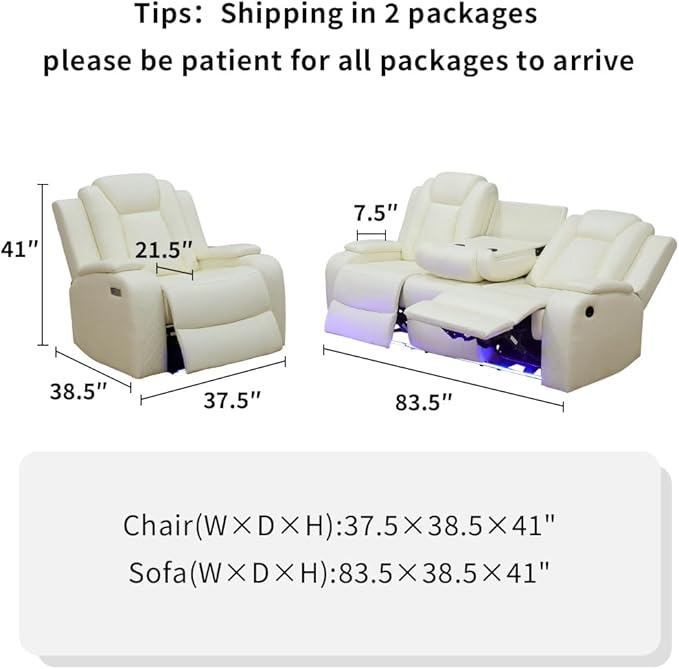 Toseslo Power Recliner Sofa Set with LED Light, Leather Sectional Sofa and Chair Set, Living Room Furniture Sets, Modern Power Reclining Sets with Storage Console for Living Room(Creamy White)