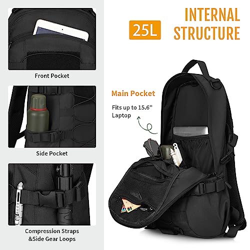 HUNTVP 25L Tactical Backpack Military Backpack MOLLE Bag Outdoor Hunting Rucksack Gear Assault Travel Daily Pack Bag(Black)