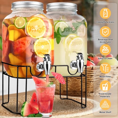 1 Gallon Glass Drink Dispensers For Parties，Lemonade Beverage Dispenser With Stand And Spigot For BBQ, Picnic, Party,Laund...