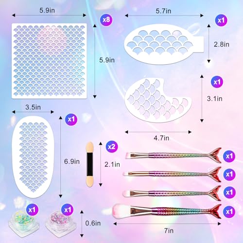 Mermaid Scale Stencil Kit,11Pcs Reusable Mermaid Face Makeup Templates and 4 Pcs Makeup Brushes 2 Bottles Glitter, Women G...